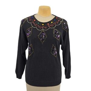 Christine Gerard Sweater Women S Black Beaded Sequin Embellished Vintage 90s